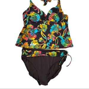 BODY ID  floral print halter top dark brown bottom two pieces swimsuit Sz 16